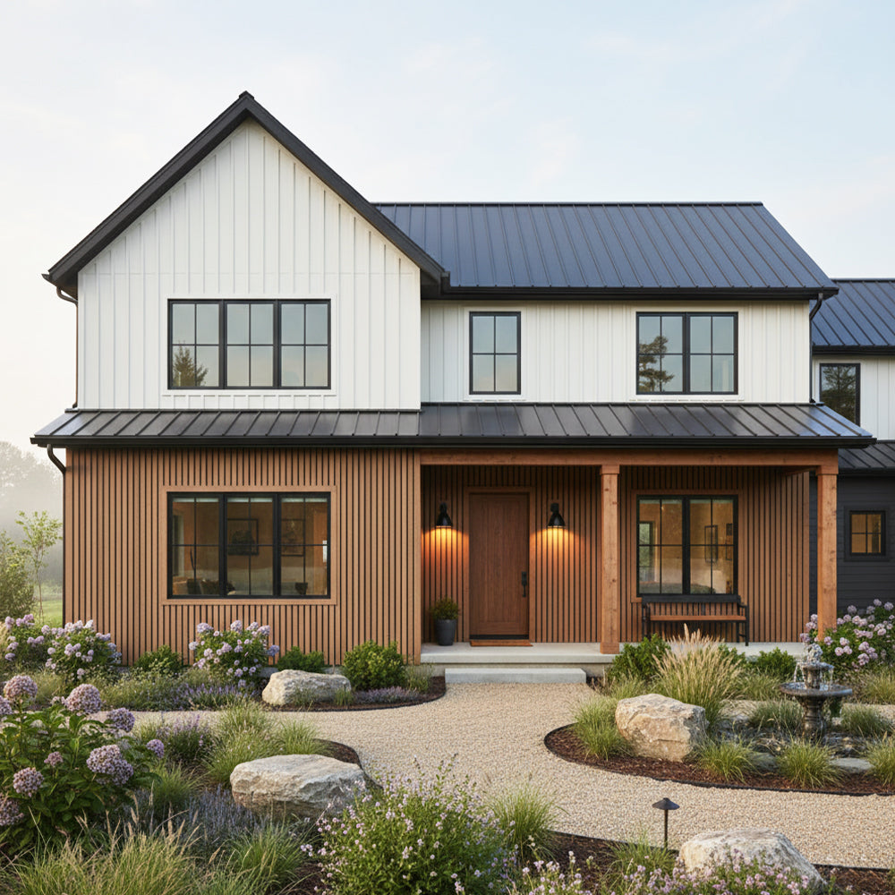 Wide 4-Strip Weathered Teak with Black Gap Composite Siding Panels - 1 ...