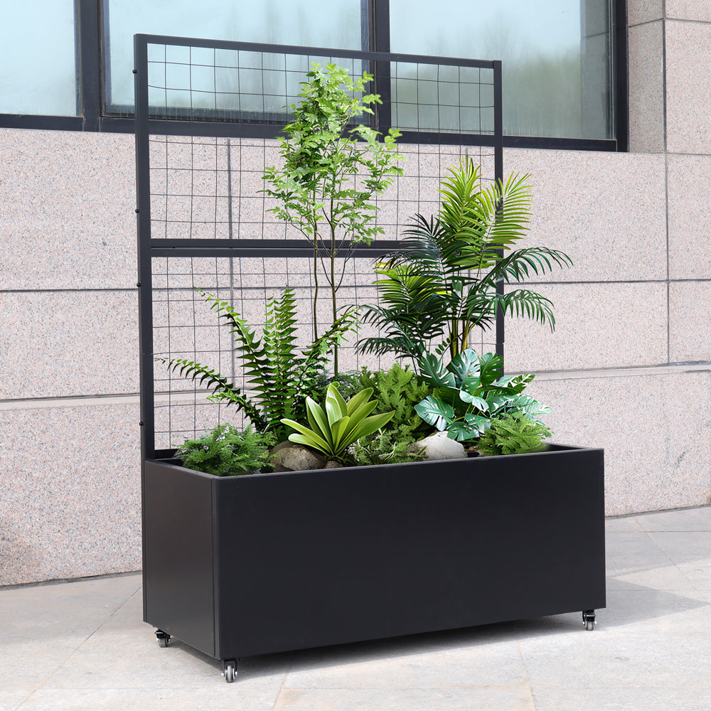 metal trellis with planter Black Metal Planter Box Raised Garden Bed with Mesh Trellis